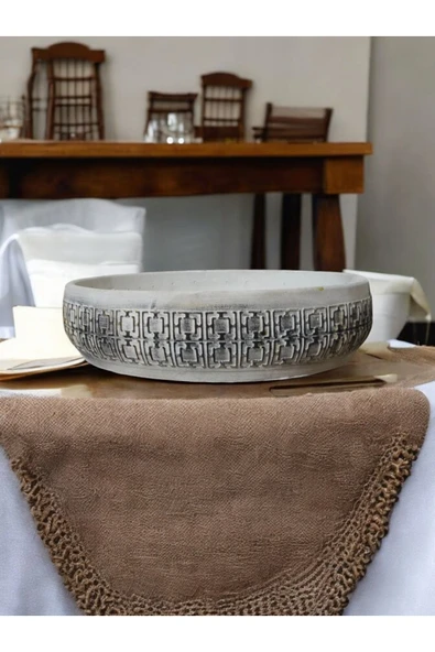 Dekoratif Taş Saksı Beyaz Üzerine Siyah Desen - Resim 3