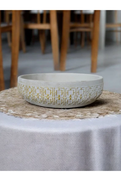 Dekoratif Taş Saksı Beyaz Üzerine Gold Kare Desenli - 3