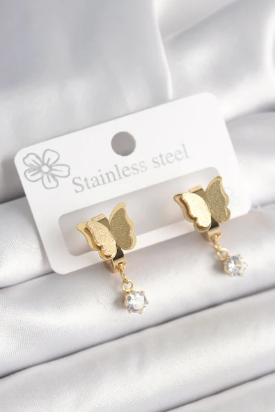 316L Çelik Gold Renk Sallantı Zirkon Taş Detaylı Simli Kelebek Model Kadın Küpe - TJ-BKP10420