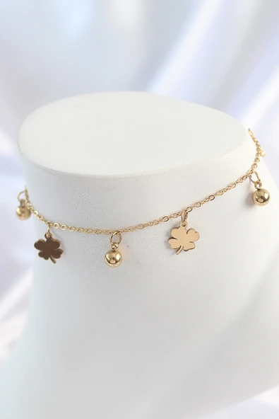 316L Çelik Gold Renk Sallantı Topçuk Yonca Model Kadın Halhal - TJ-HH1639