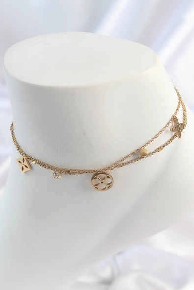 316L Çelik Gold Renk 2'Li Zincir Rüya Kapnı Figür Zirkon Taş Detay Kadın Halhal - TJ-HH1651