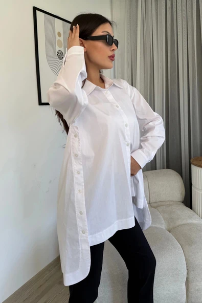 Düğme Detaylı Poplin Gömlek 6014-Beyaz - 3