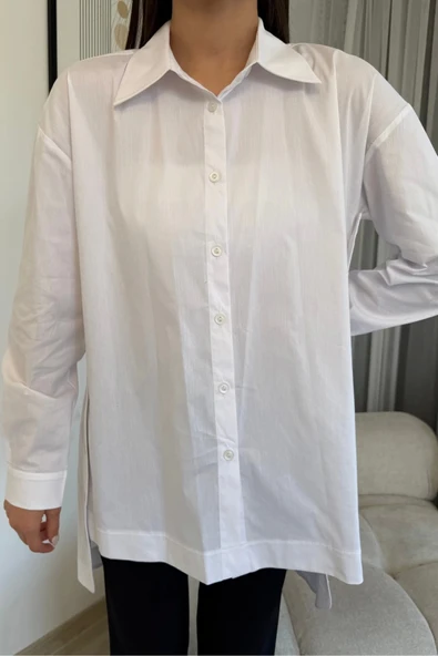 Düğme Detaylı Poplin Gömlek 6014-Beyaz - 4