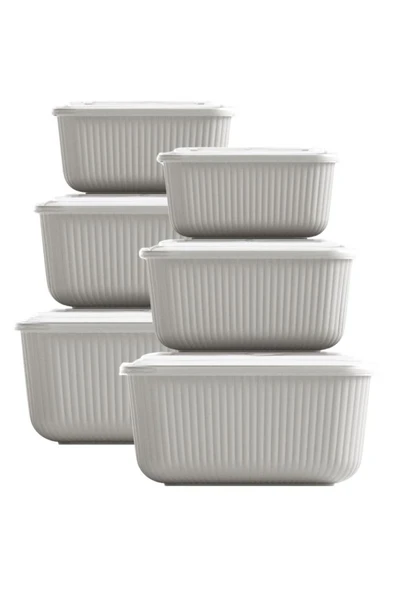 6 lı Erzak Gıda Saklama Kabı, Buzdolabı Düzenleyici Organizer 6 lı Set 2x(600ml,1100ml,1800ml) Ekru - 2