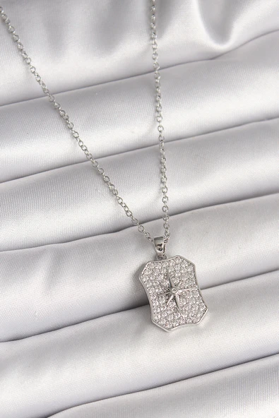 316L Çelik Gümüş Renk Zincir Zirkon Taşlı Kutup Yıldız İşlemeli Madalyon Model Kadın Kolye - TJ-BKO9943