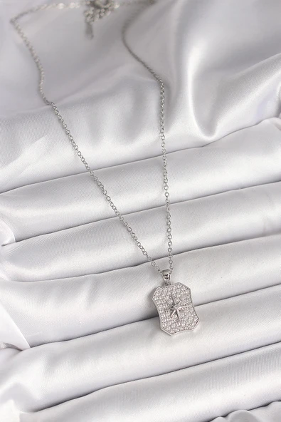 316L Çelik Gümüş Renk Zincir Zirkon Taşlı Kutup Yıldız İşlemeli Madalyon Model Kadın Kolye - TJ-BKO9943 - 2