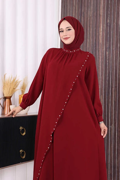 Çapraz Parça Görünümlü İncili Elbise 3879 Bordo - Resim 4