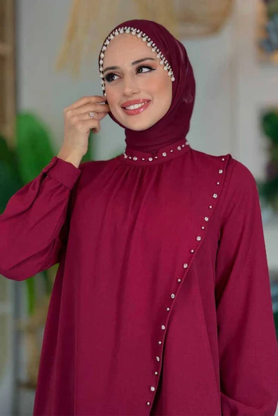 Çapraz Parça Görünümlü İncili Elbise 3879 Bordo - 4