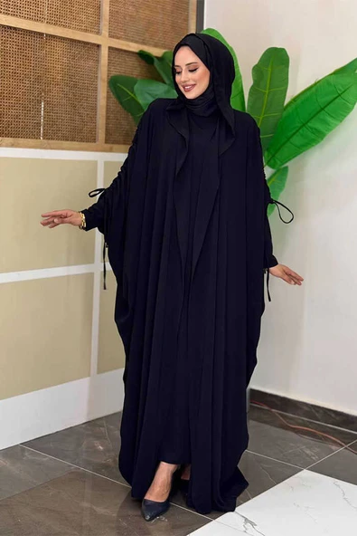 Kapüşonlu Abaya ve  Elbise İkili Takım 70013 Siyah