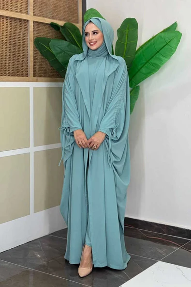 Kapüşonlu Abaya ve  Elbise İkili Takım 70013 Mint