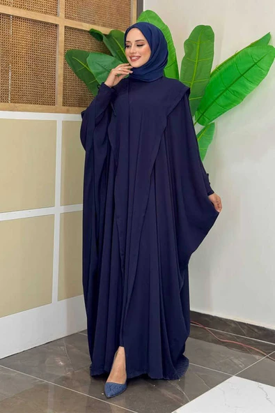 Kapüşonlu Abaya ve  Elbise İkili Takım 70013 Lacivert - Resim 2