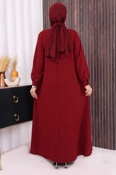 Çapraz Parça Görünümlü İncili Elbise 3879 Bordo - Resim 3