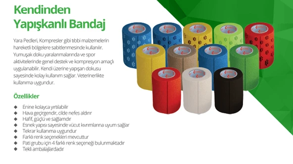 OctaCare Kendinden Yapışkanlı Bandaj Koban Bandaj 5 cm x 4,5 m  Yeşil Renk 12 Adet