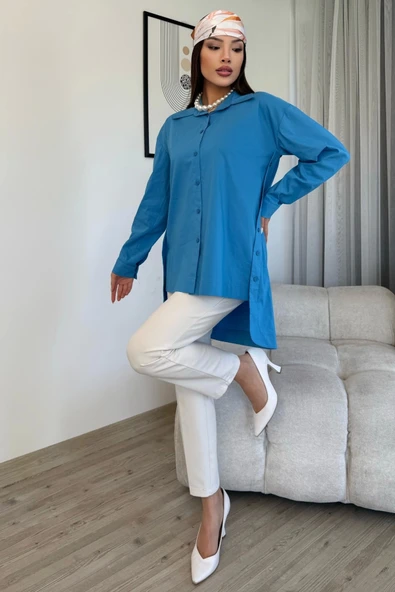 Düğme Detaylı Poplin Gömlek 6014-Mavi - 3