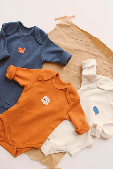 3lü Nakışlı Çıt Çıtlı Uzun Kollu Body Zıbın Set Model 4 - 8