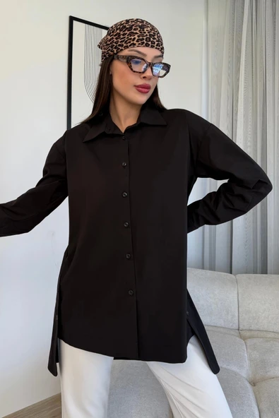 Düğme Detaylı Poplin Gömlek 6014-Siyah - 3