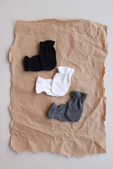 3lü Beyaz-Antrasit-Siyah Yenidoğan Eldiven Set Model 7 - 2