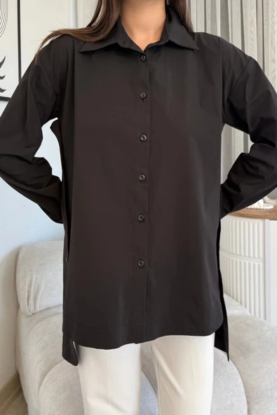 Düğme Detaylı Poplin Gömlek 6014-Siyah - 4