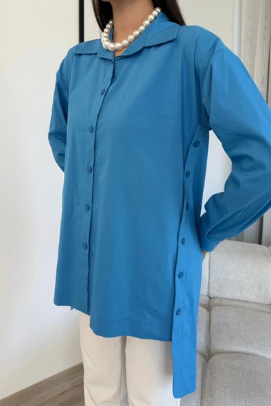 Düğme Detaylı Poplin Gömlek 6014-Mavi - 4