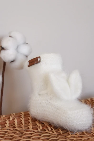 Beyaz Tavşan Kulaklı Örgü Patik Bebek 0-12 Ay - 3