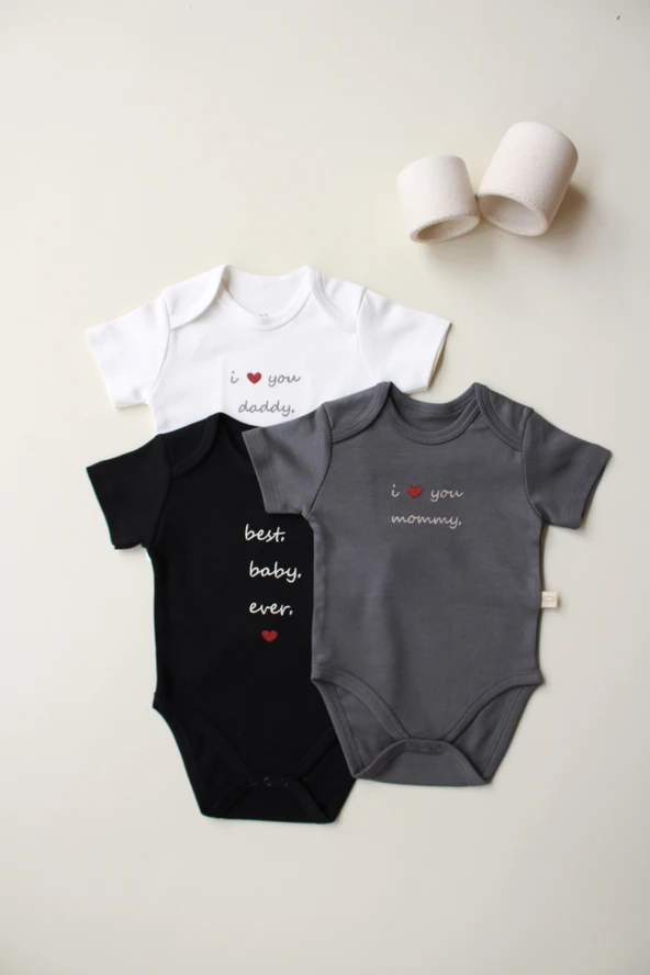 3lü Nakışlı Kısa Kollu Çıt Çıtlı Body Zıbın Model 7 - 3