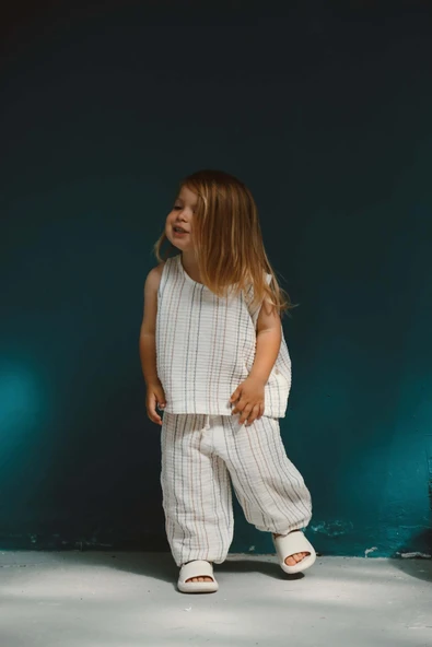 Kahverengi-İndigo Çizgili Atlet ve Pantolon Takım - 7