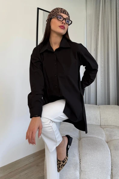 Düğme Detaylı Poplin Gömlek 6014-Siyah - 2
