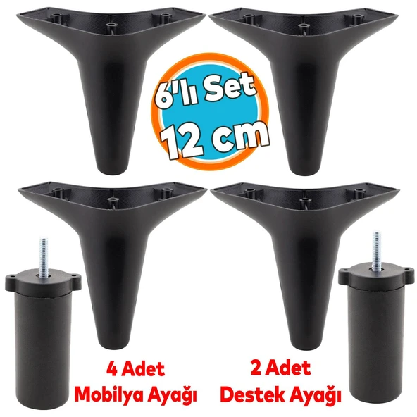 Mobilya Tv Ünitesi Çekyat Koltuk Kanepe Baza Destek Ayağı Ayakları 12 Cm Siyah M8  6'lı Set ürün görseli