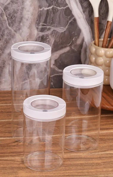 Lengo 3’lü 1200-1600-2000 ml Mühürlü Vakumlu Borosilikat Cam Erzak Saklama Kavanozu - 7