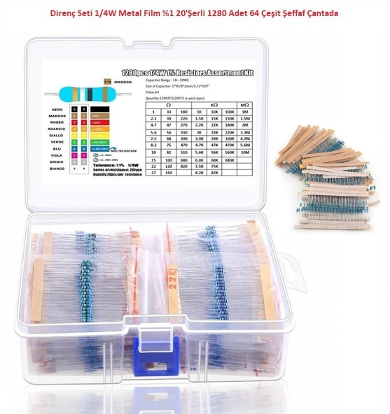 Direnç Seti 1/4W Metal Film %1 20'Şerli 1280 Adet 64 Çeşit Şeffaf Çantada
