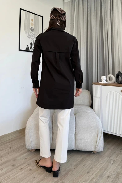 Düğme Detaylı Poplin Gömlek 6014-Siyah - 5