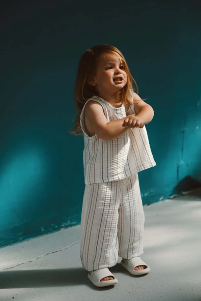 Kahverengi-İndigo Çizgili Atlet ve Pantolon Takım - 3