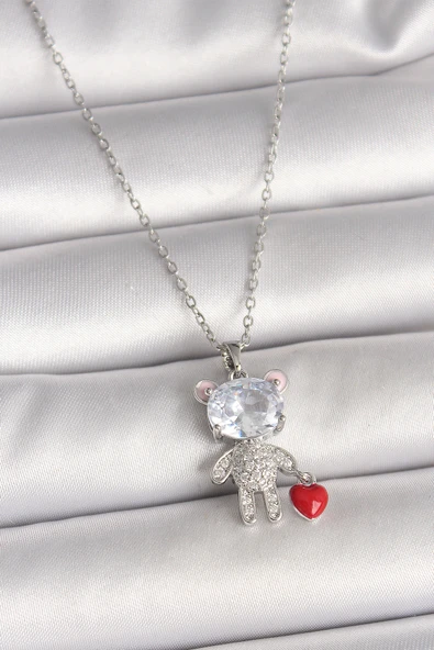 316L Çelik Gümüş Renk Zincir Zirkon Taşlı Ayıcık Model Kırmızı Kalp Detay Kadın Kolye - TJ-BKO9987 ürün görseli 1
