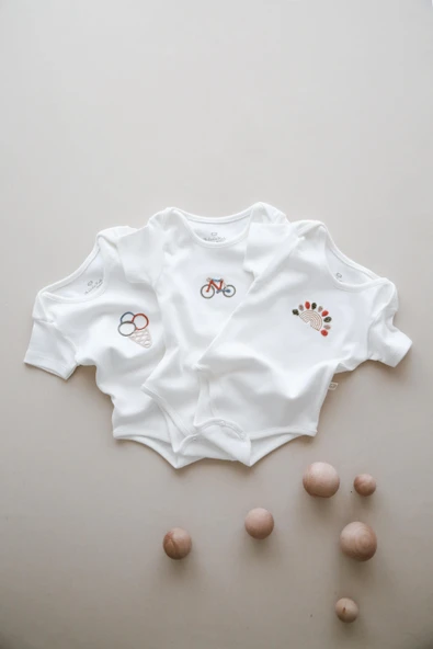 3'lü Nakışlı Kısa Kollu Çıt Çıtlı Body - Zıbın Model 6 - 4