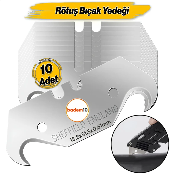 İthal Kancalı Rötuş Bıçak Yedeği Kesme Boynuz Bıçak Maket Bıçağı 10'lu Paket 18.8x51.5x0,61mm