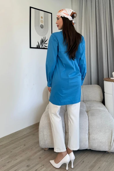 Düğme Detaylı Poplin Gömlek 6014-Mavi - 5