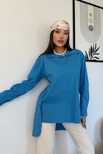 Düğme Detaylı Poplin Gömlek 6014-Mavi - 2