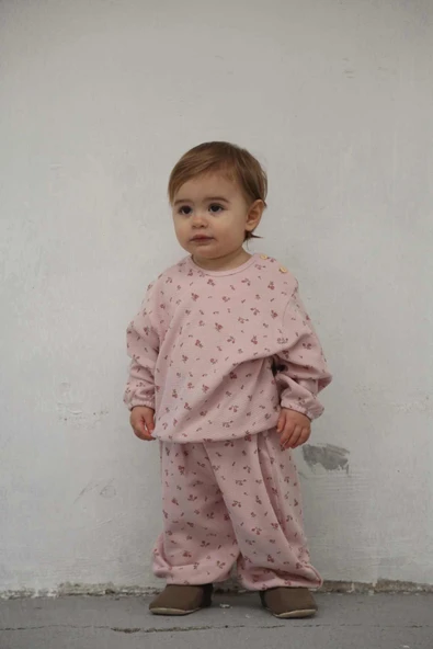 Pembe Çiçek Baskılı Şalvar Takım - 5