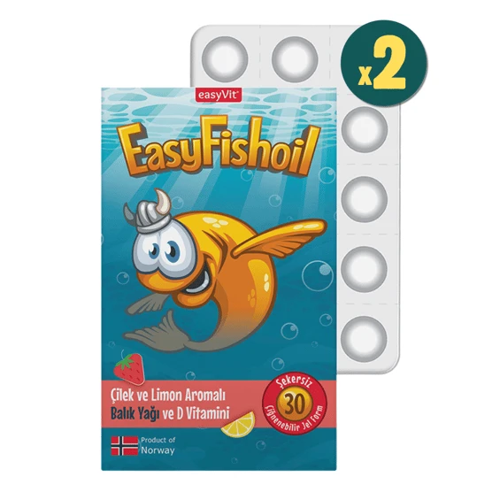 EasyFishoil Çocuk Çilek ve Limon Aromalı 30 Çiğneme Tableti 2 Adet