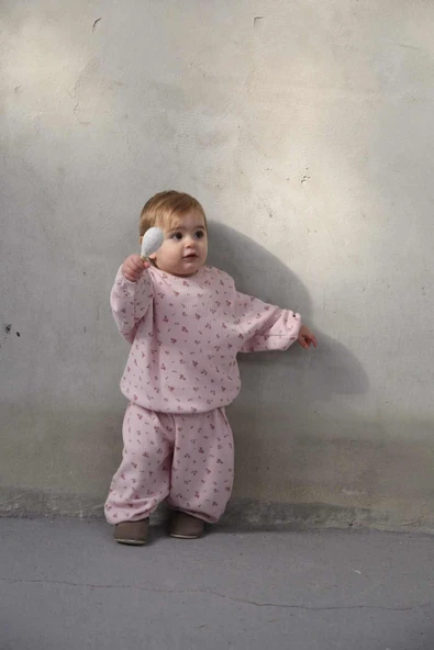 Pembe Çiçek Baskılı Şalvar Takım - 2