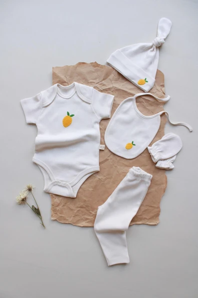 Limon Nakışlı 5li Kısa Kollu Yenidoğan Set