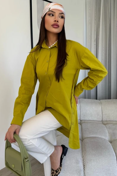 Düğme Detaylı Poplin Gömlek 6014-Yeşil - 2