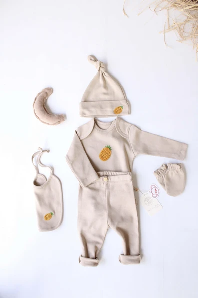 Ananas Nakışlı 5li Uzun Kollu Yenidoğan Set