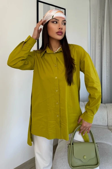 Düğme Detaylı Poplin Gömlek 6014-Yeşil - 3