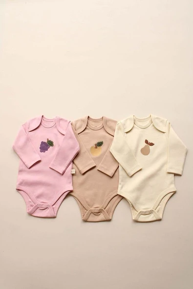 3lü Nakışlı Çıt Çıtlı Uzun Kollu Body Zıbın Set Model 6