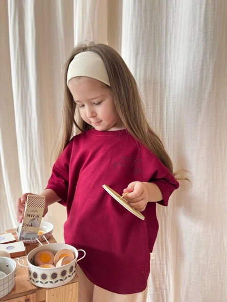 Bordo Nakışlı Oversize T-shirt - 7