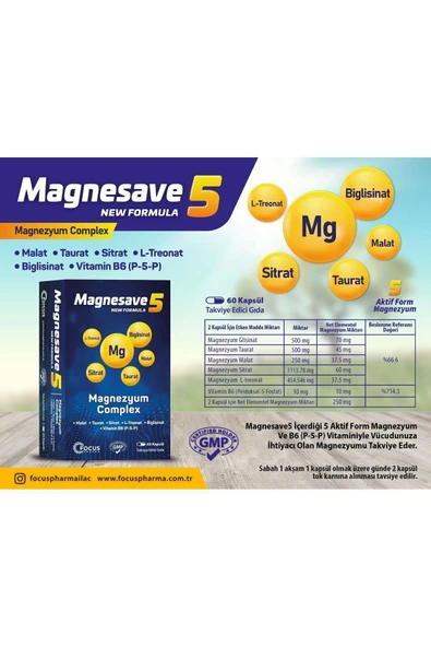 FOCUS PHARMA FOCUS PHARMA Magnesave 5 Magnezyum Içeren Kapsül Takviye Edici Gıda