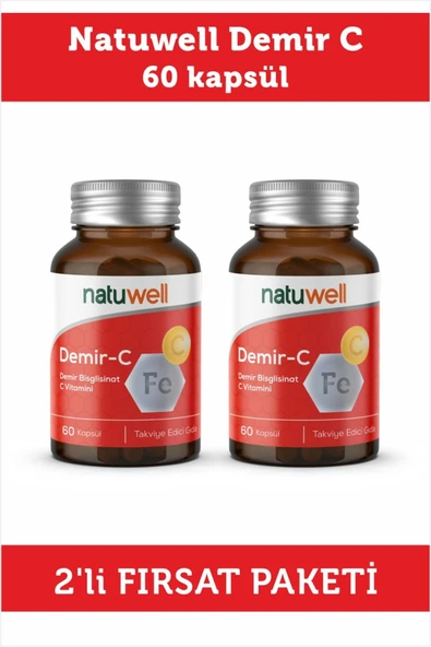 NATUWELL NATUWELL Demir-c (DEMİR BİSGLİSİNAT C VİTAMİNİ) 60 Kapsül 2'li Fırsat Paket