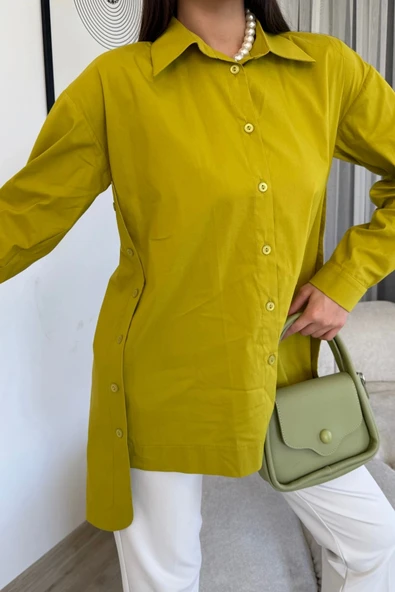 Düğme Detaylı Poplin Gömlek 6014-Yeşil - 4