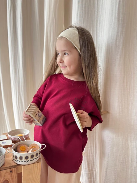 Bordo Nakışlı Oversize T-shirt - 5